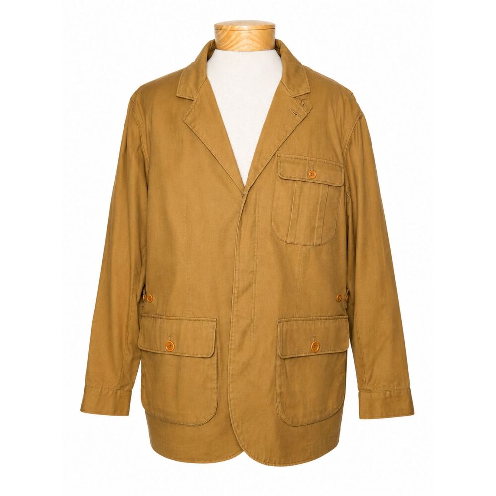 J Peterman Men XL Cotton Canvas Safari Field Jacket Sport Coat Khaki Tan Utility